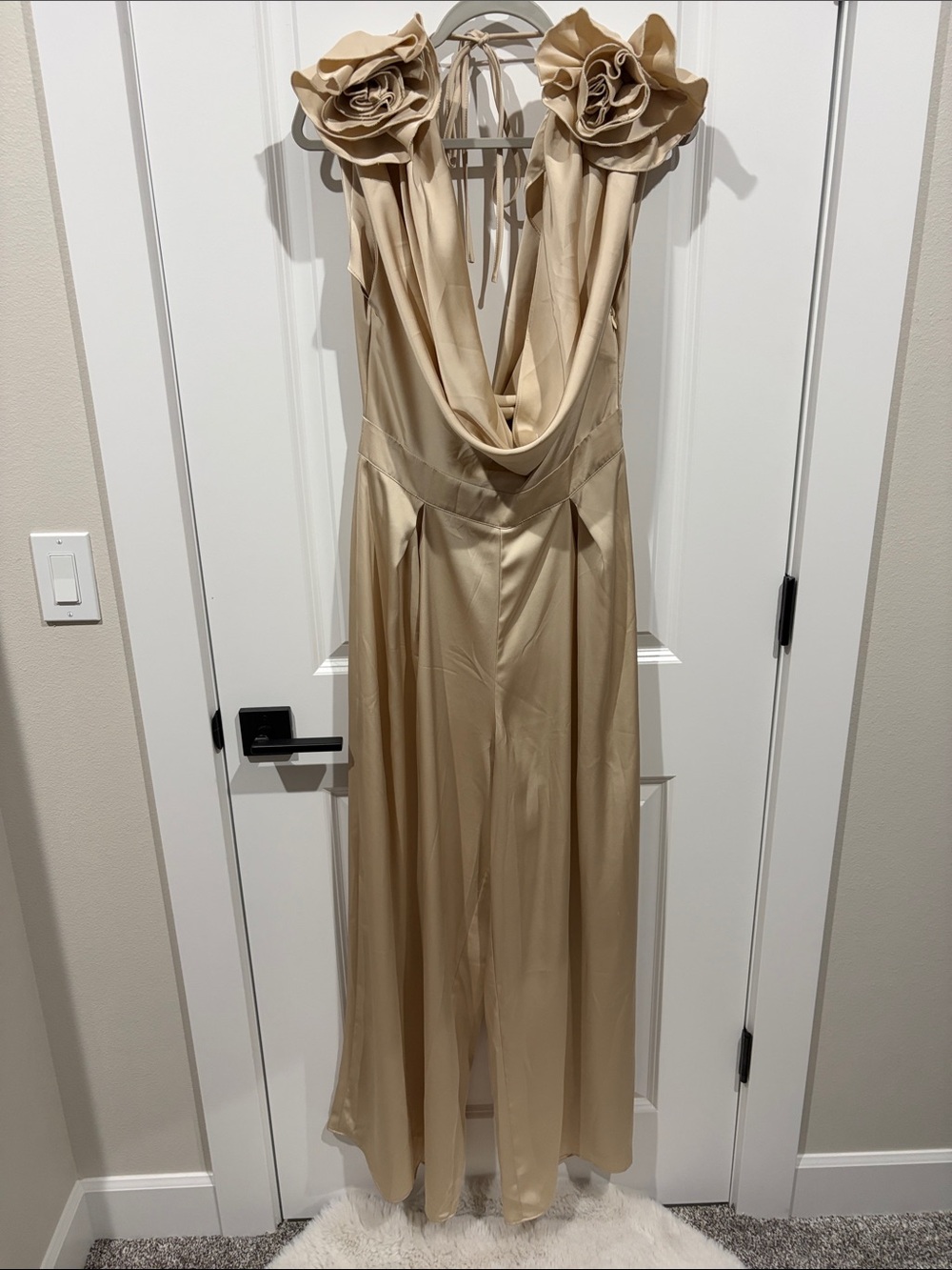 Elegant Champagne Satin Cowl-Neck Jumpsuit with Floral Shoulder Detail